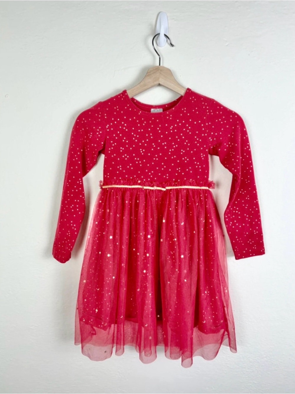 Hanna Andersson Girl 6-7 Red Gold Foil Star Moon Tulle Long Sleeve Dress